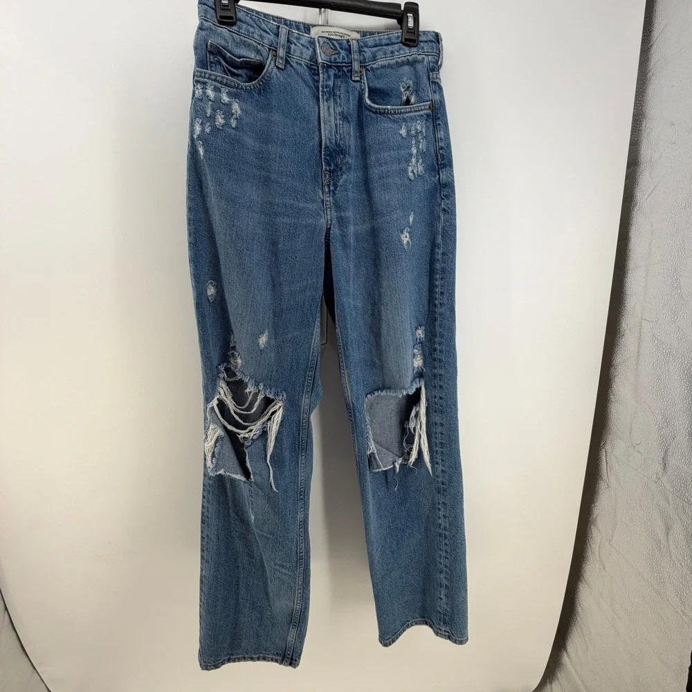 H&M 90s Straight Jeans Womens 6 Blue Distressed Ripped High Rise Grunge‎ Skater